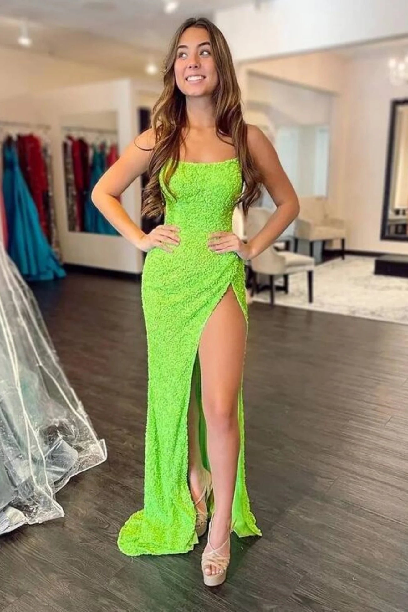 Bateau Sleeveless Mermaid Sequins Party Prom Dress With Slit