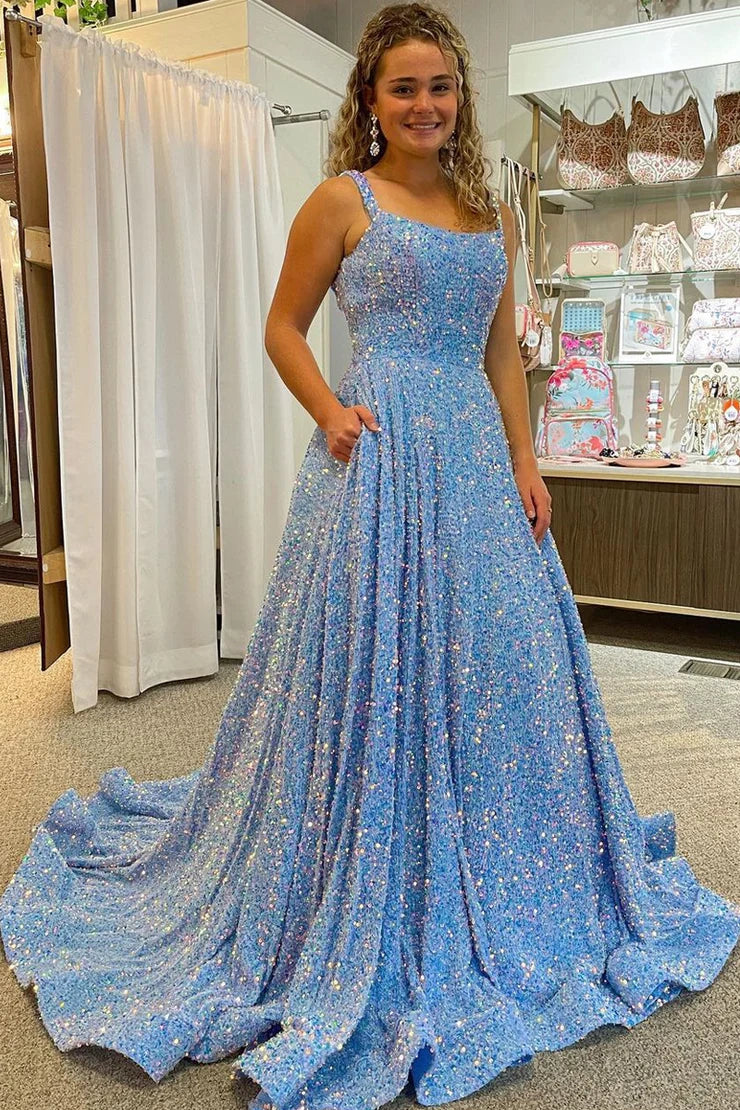 Bateau Sleeveless Sequins A-Line Long Party Prom Dress
