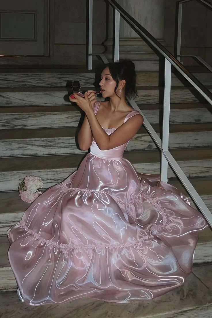 Bateau Sleeveless Tulle A-Line Empire Pink Party Prom Dress