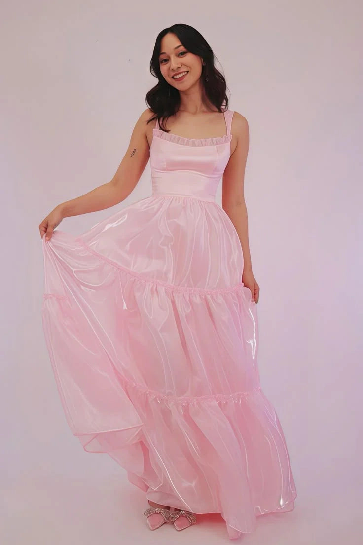 Bateau Sleeveless Tulle A-Line Empire Pink Party Prom Dress
