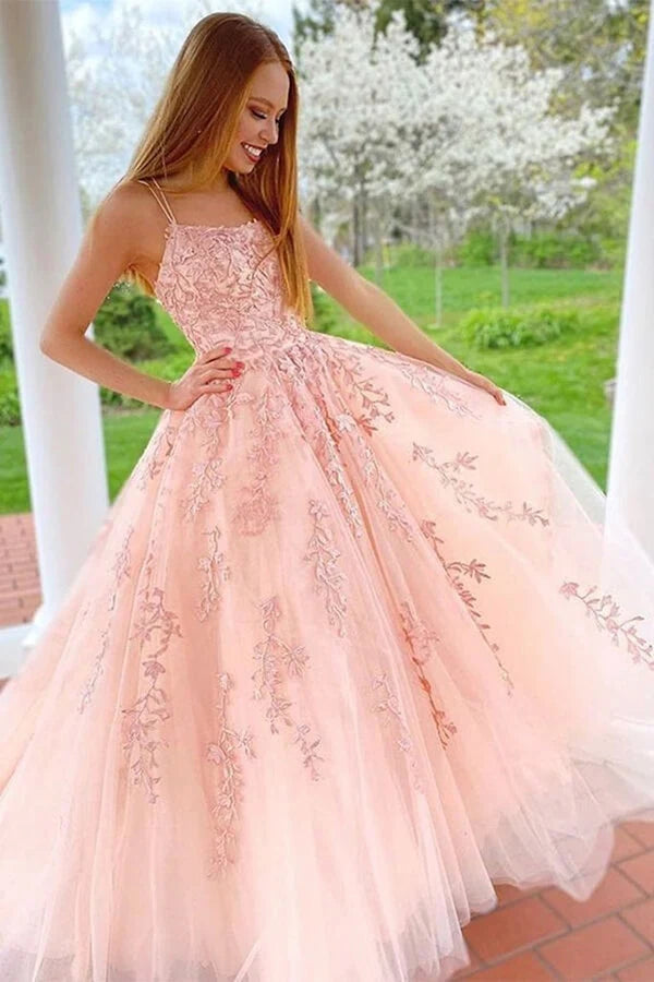 Bateau Sleeveless Tulle A-Line Lace Appliques Party Prom Dress