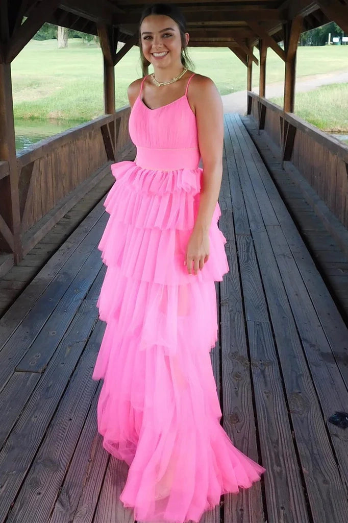 Bateau Spaghetti Straps A-Line Tulle Tiered Party Prom Dress