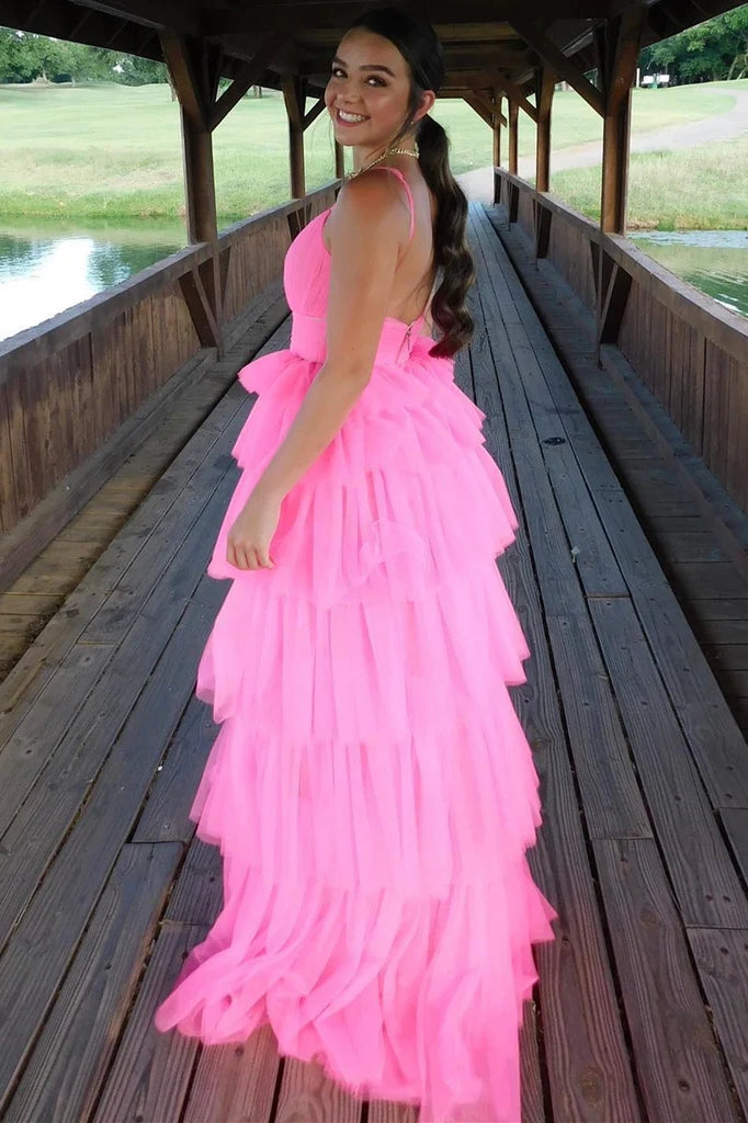 Bateau Spaghetti Straps A-Line Tulle Tiered Party Prom Dress