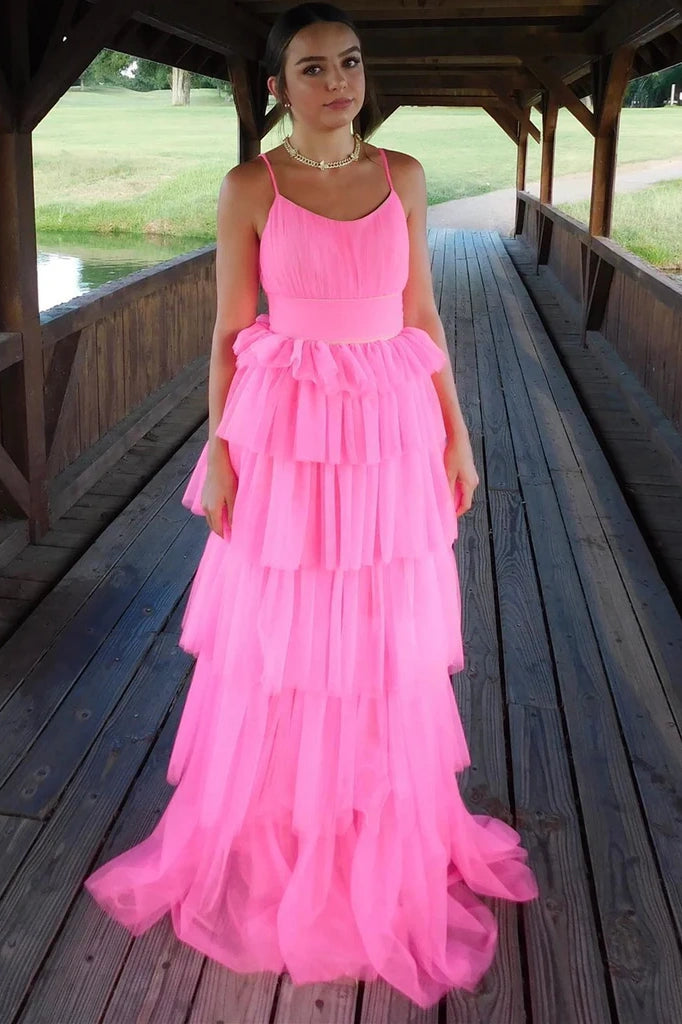 Bateau Spaghetti Straps A-Line Tulle Tiered Party Prom Dress