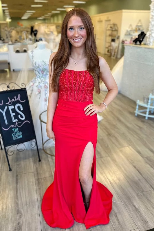 Bateau Spaghetti Straps Beaded Mermaid Party Prom Dress