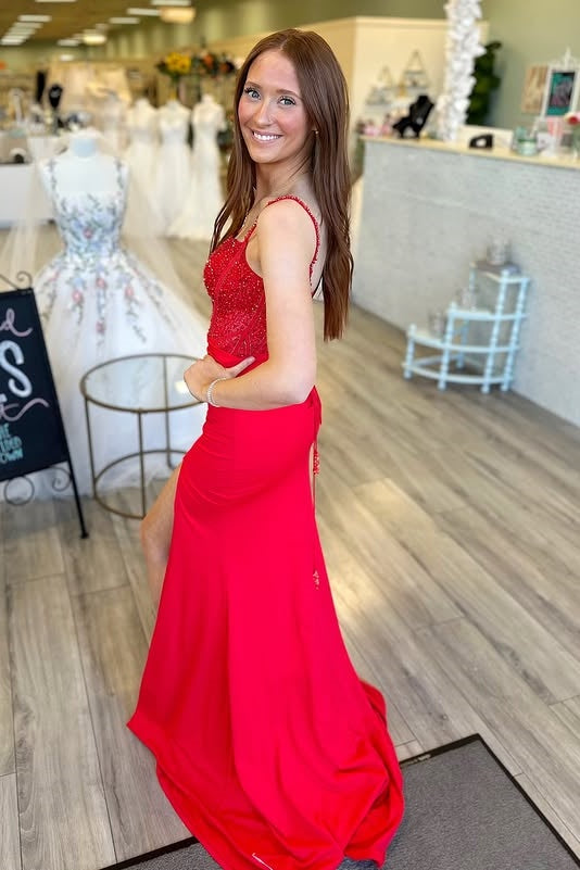 Bateau Spaghetti Straps Beaded Mermaid Party Prom Dress