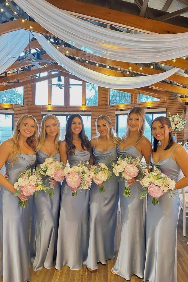 bridesmaid dresses one shoulder short Bateau Neck Sheath Satin Midi Bridesmaid Dress With Bow in Bleached Aqua