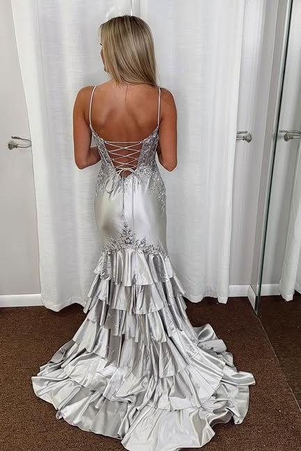 Bateau Spaghetti Straps Lace Up Appliques Party Prom Dress