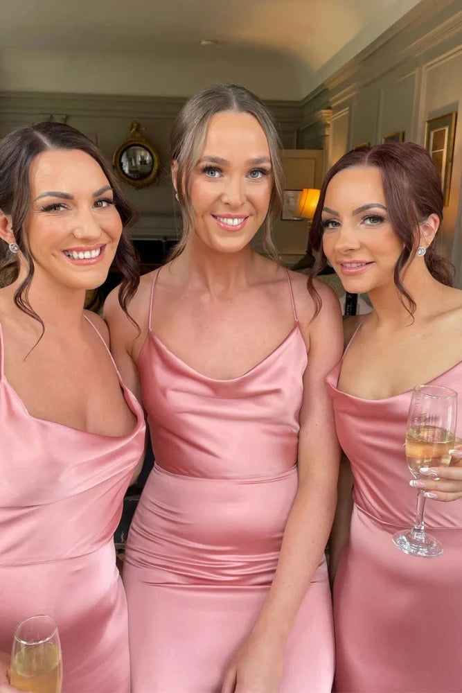 Bateau Spaghetti Straps Satin Fitted Bridesmaid Dress