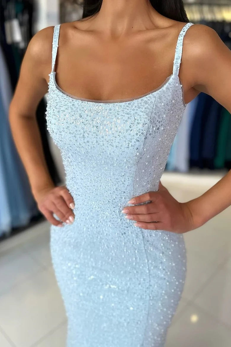 Bateau Spaghetti Straps Sequins Mermaid Party Prom Dress