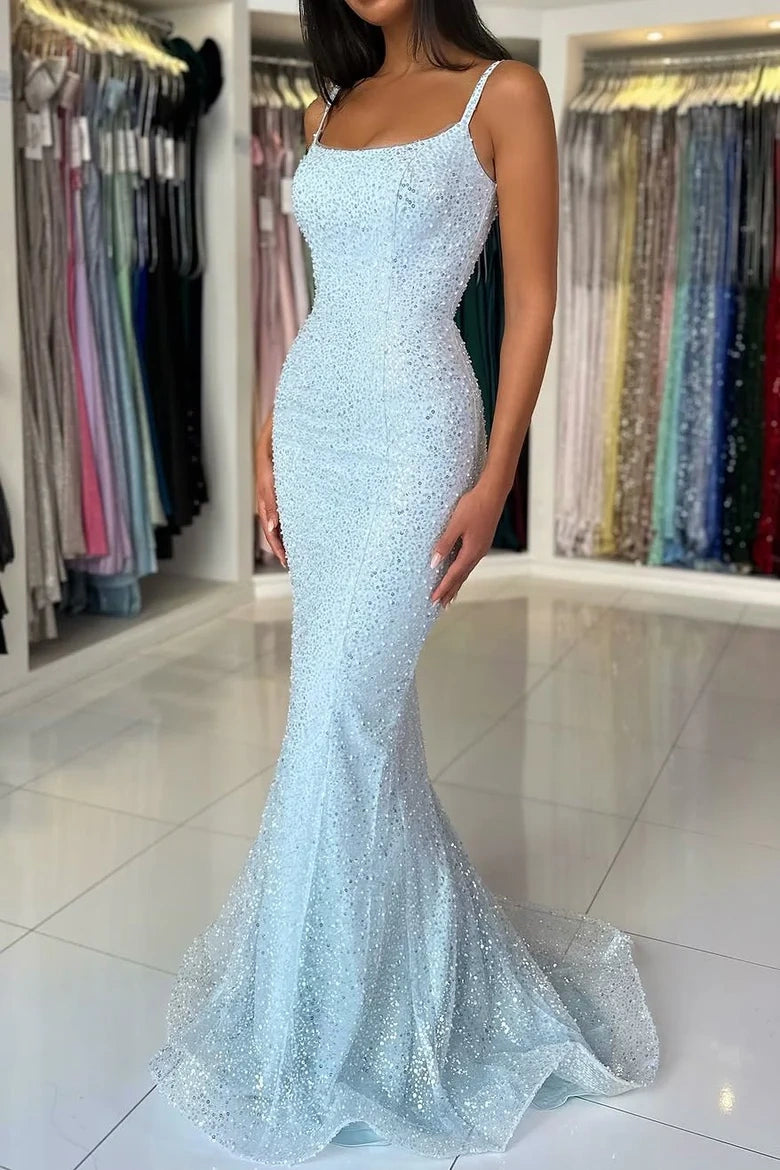 Bateau Spaghetti Straps Sequins Mermaid Party Prom Dress