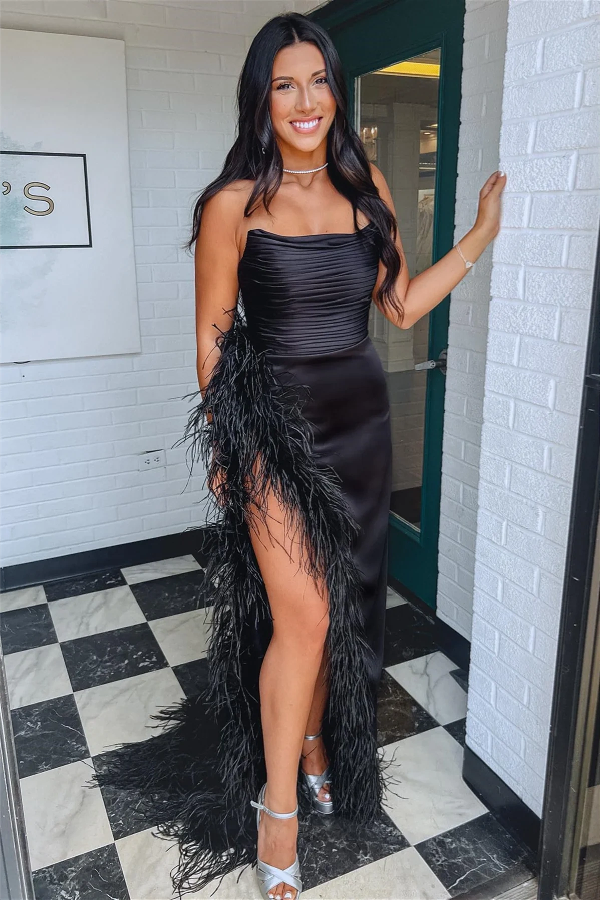 Bateau Strapless Satin Feather Empire Party Prom Dress With High Slit