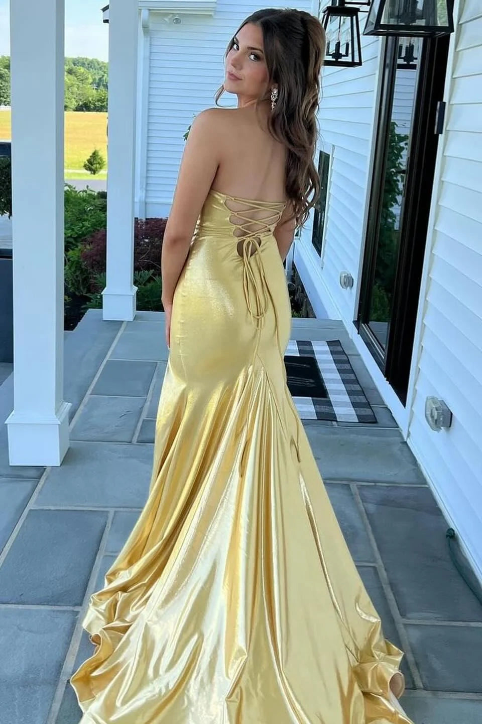 Bateau Strapless Satin Mermaid Party Prom Dress With Train