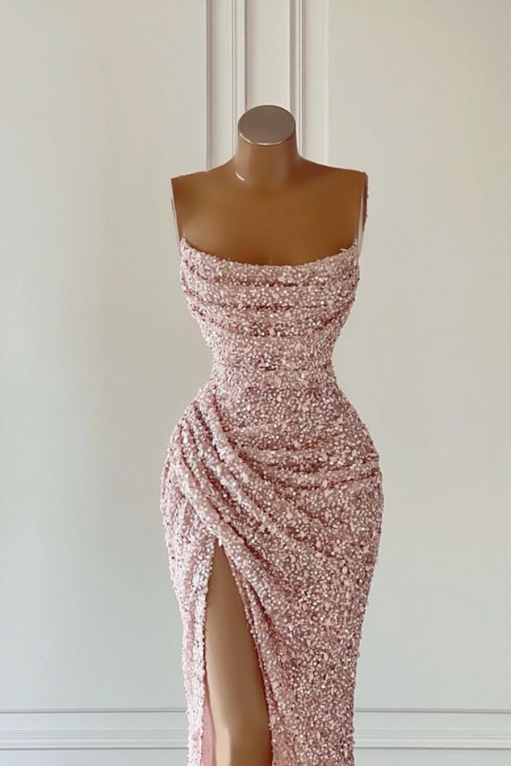 Bateau Strapless Sequins Fitted With Side Slit Long Prom Dress
