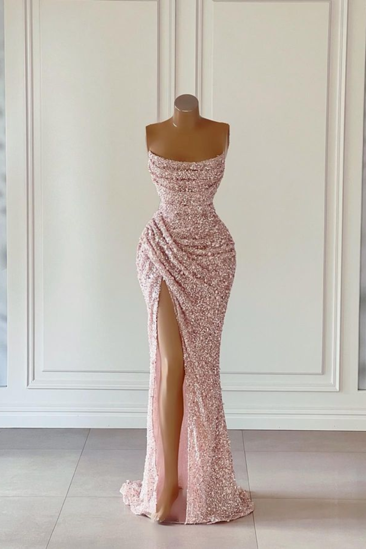 Bateau Strapless Sequins Fitted With Side Slit Long Prom Dress