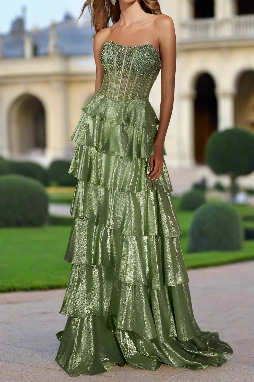 Bateau Strapless Tulle A-Line Empire Beaded Tiered Prom Dress Movousdress Bateau Strapless Tulle A-Line Empire Beaded Tiered Prom Dress Movousdress