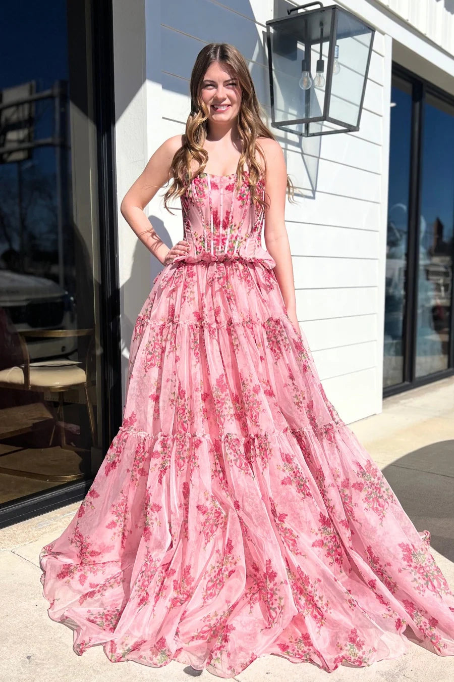 Bateau Strapless Tulle A-Line Empire Floral Party Prom Dress