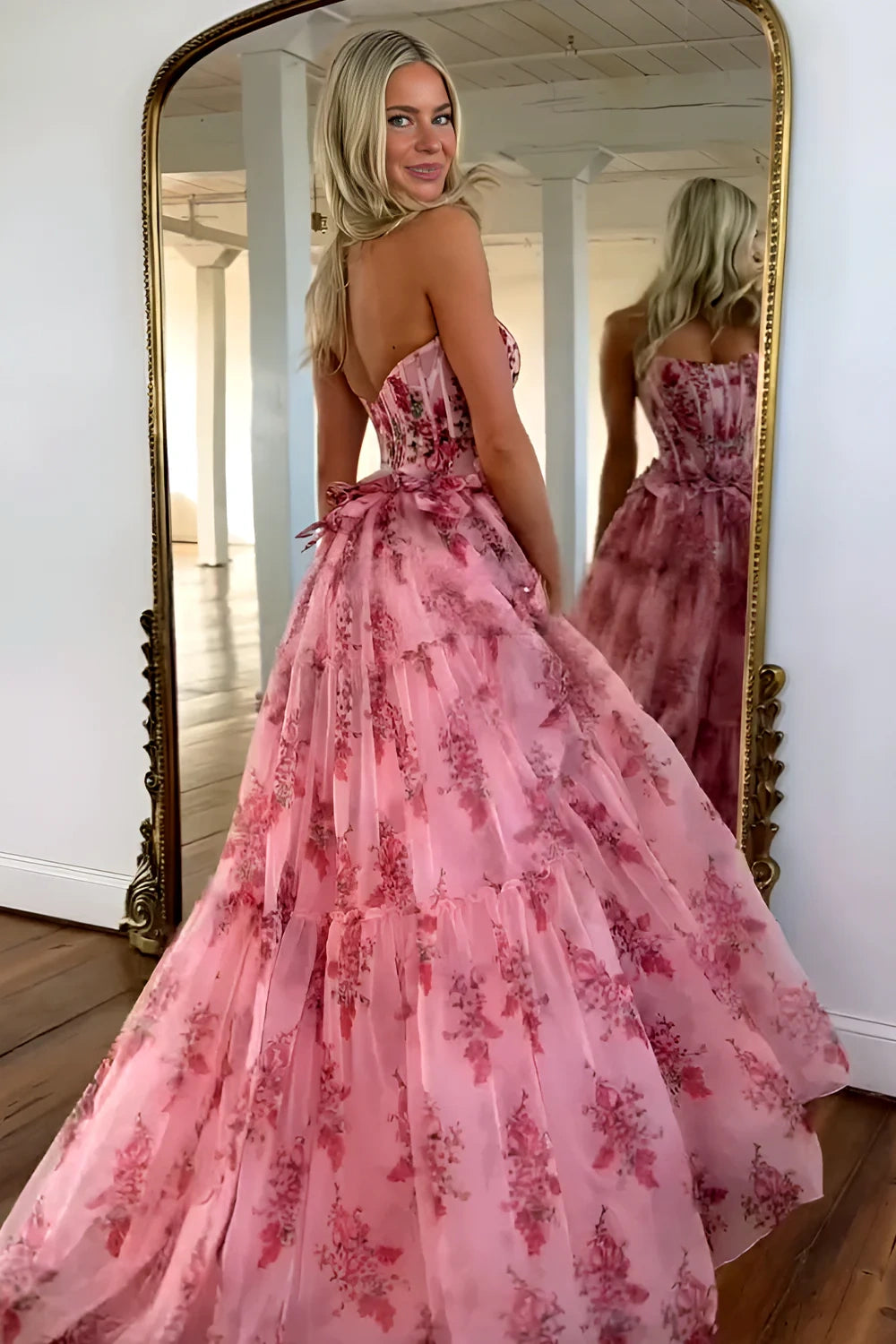 Bateau Strapless Tulle A-Line Empire Floral Party Prom Dress