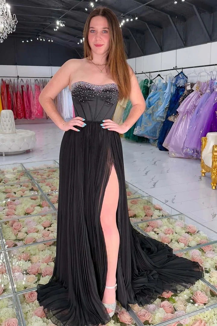 Beaded A-Line Empire Strapless Party Prom Dress With Slit