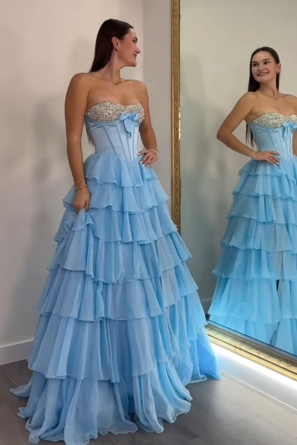Beaded Strapless Empire Tiered Chiffon Party Prom Dress