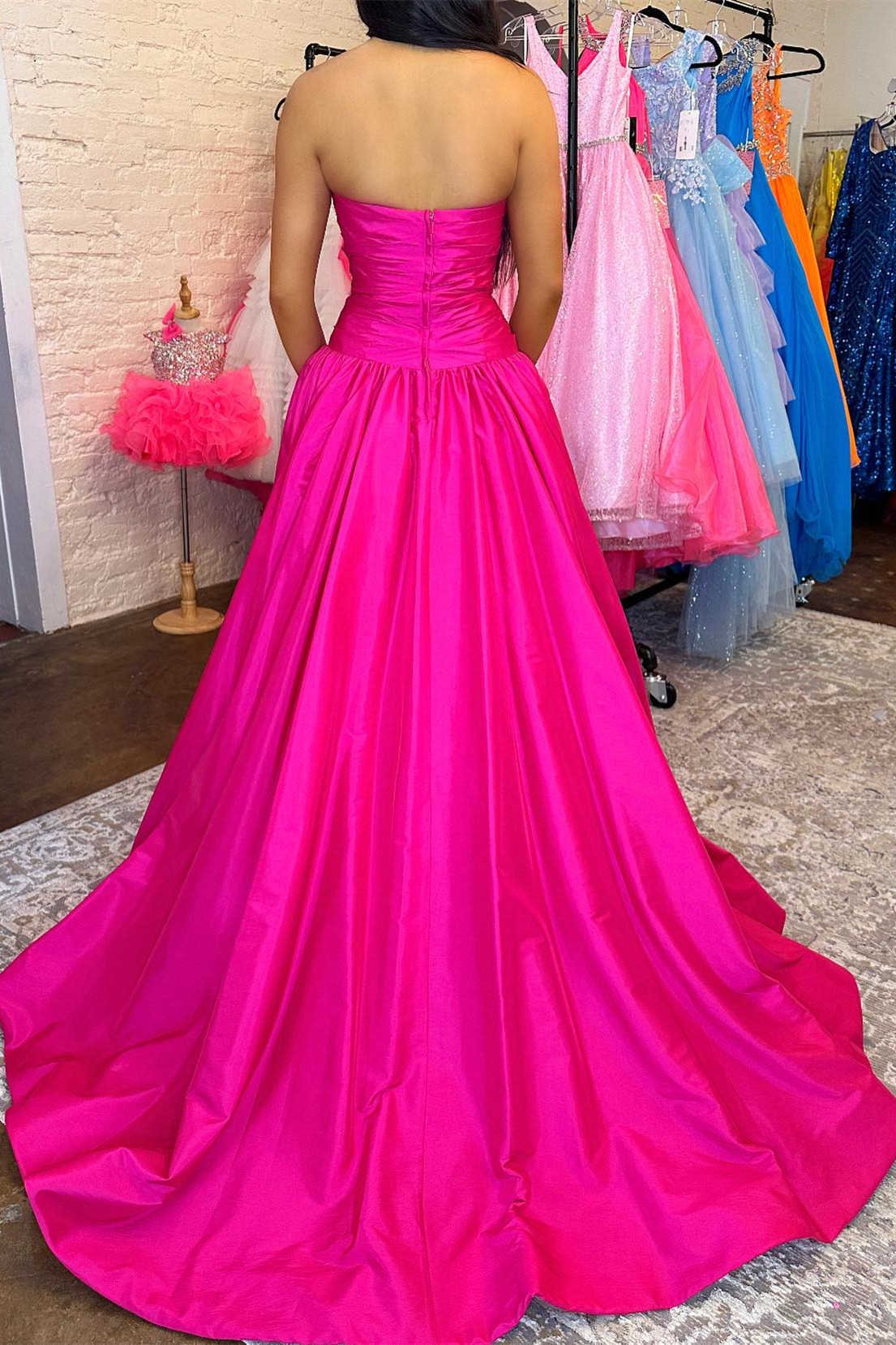 Beaded Strapless Satin A-Line Pleated Party Prom Dress With Train
