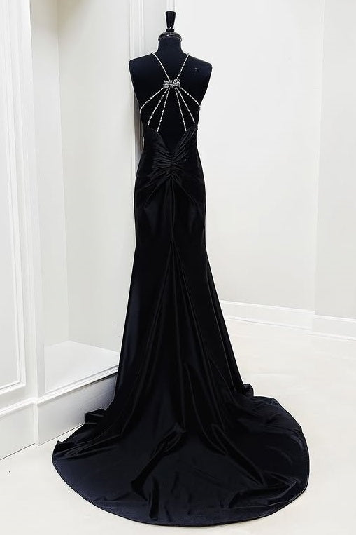 Black Halter Sleeveless Beaded Mermaid Party Prom Dress