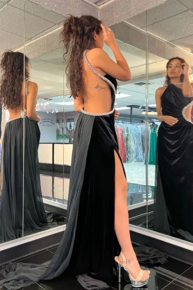 Black High Neck Backless Velvet Prom Dress With Train