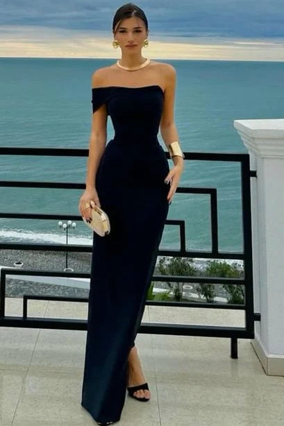 Black One Shoulder Sleeveless Empire Party Prom Dress