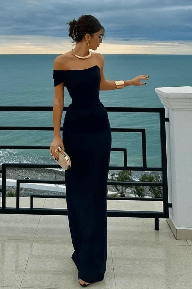Black One Shoulder Sleeveless Empire Party Prom Dress