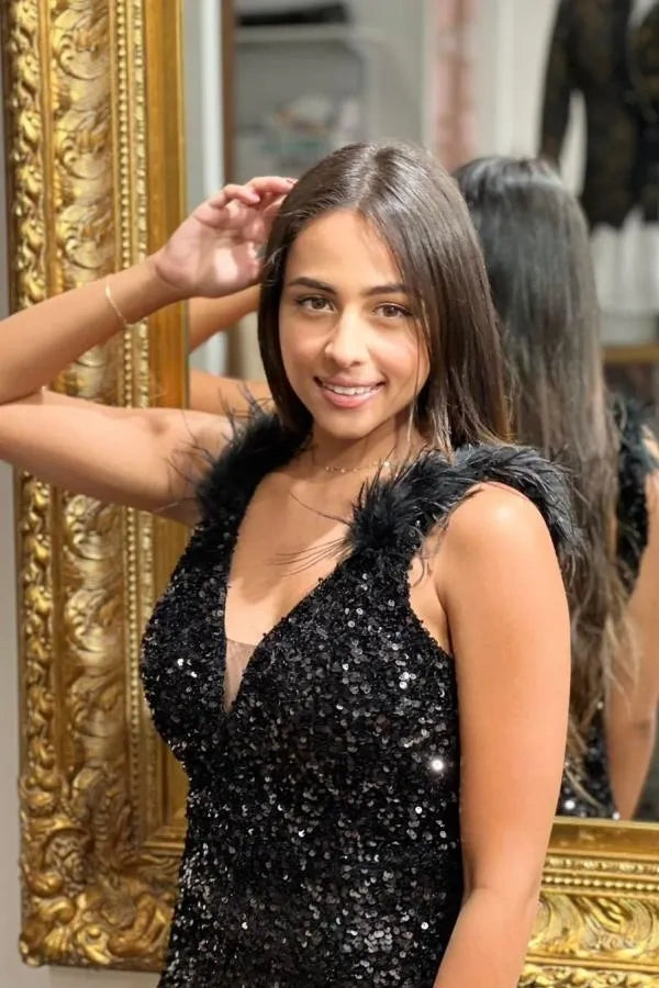Black Sequins V-Neck Sleeveless Party Prom Dress With Slit