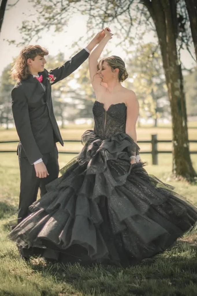 Black Strapless A-Line Empire Appliques Tiered Party Prom Dress