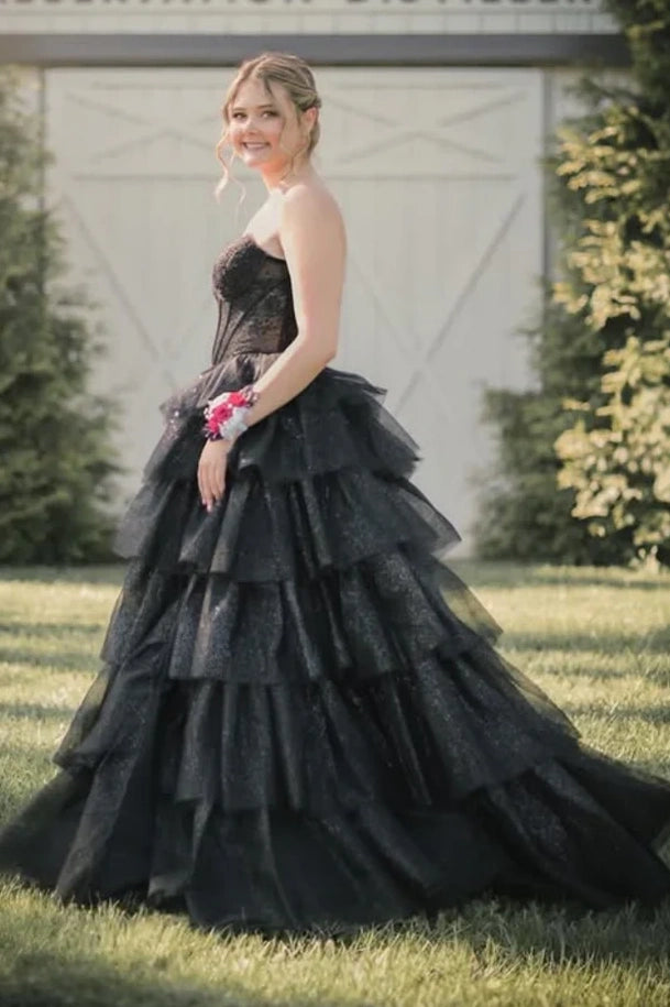Black Strapless A-Line Empire Appliques Tiered Party Prom Dress