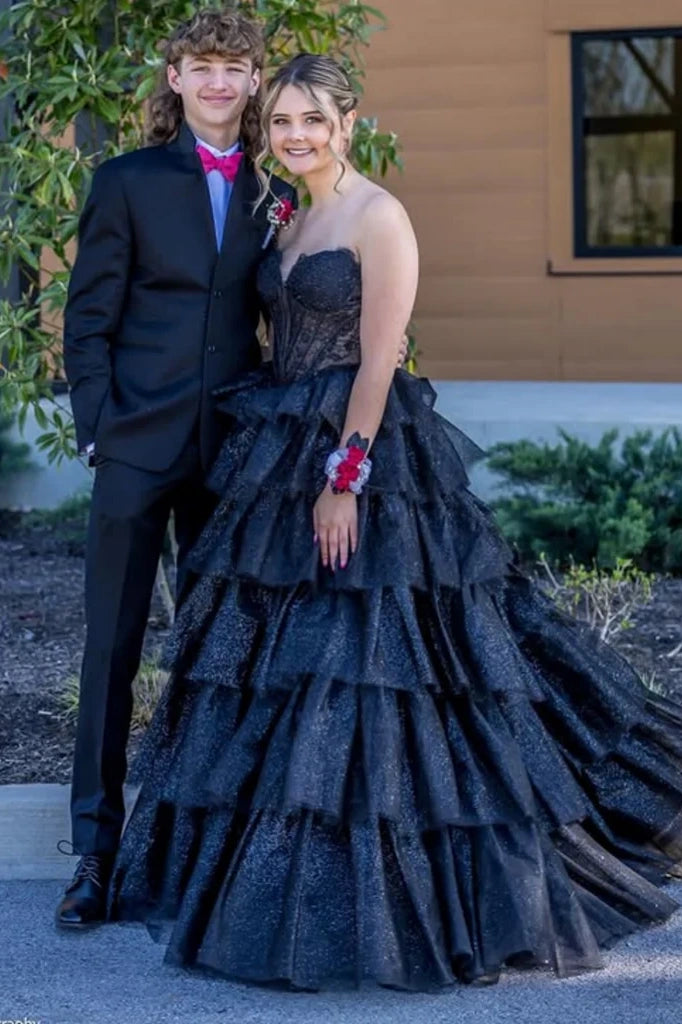 Black Strapless A-Line Empire Appliques Tiered Party Prom Dress