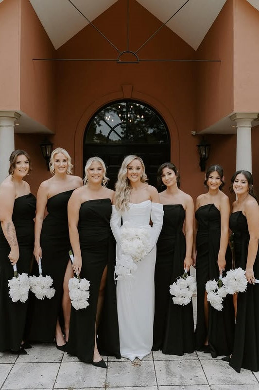 Black Strapless Empire Long Bridesmaid Dress With Slit