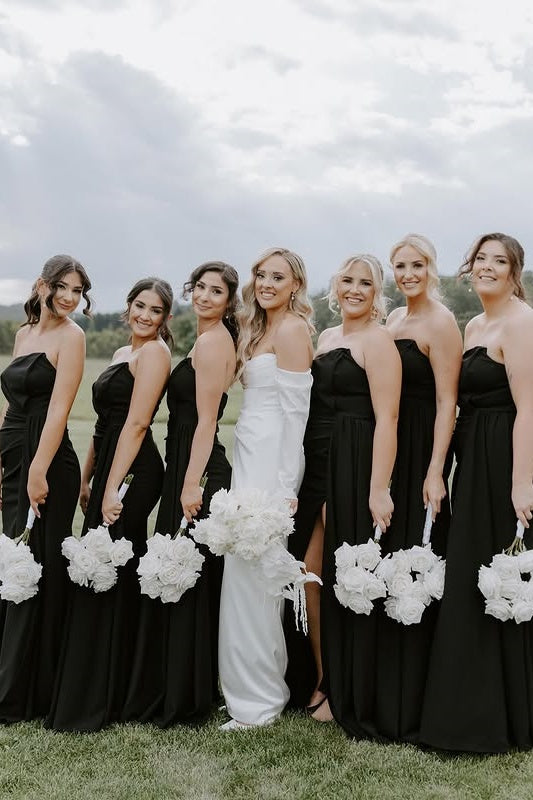 Black Strapless Empire Long Bridesmaid Dress With Slit