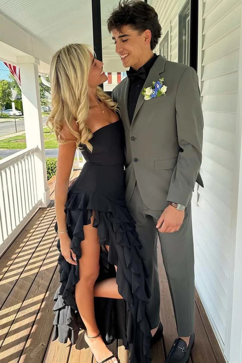 Black Strapless Empire Rufflrd Party Prom Dress With Slit