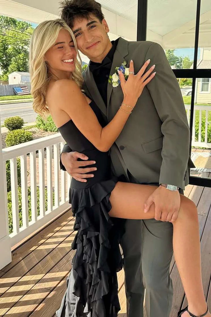Black Strapless Empire Rufflrd Party Prom Dress With Slit