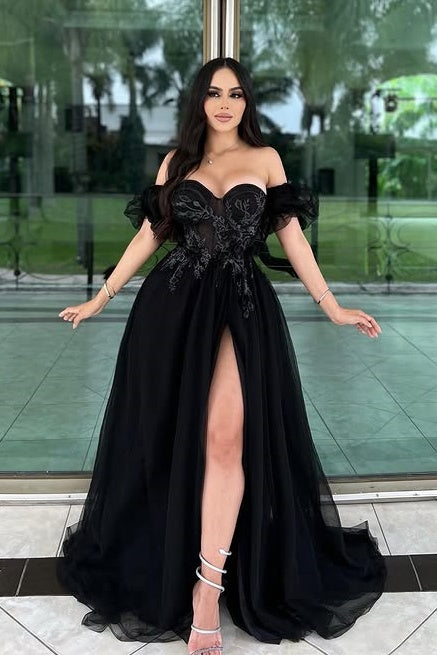 Black Sweetheart Off-Shoulder A-Line Appliques Party Prom Dress