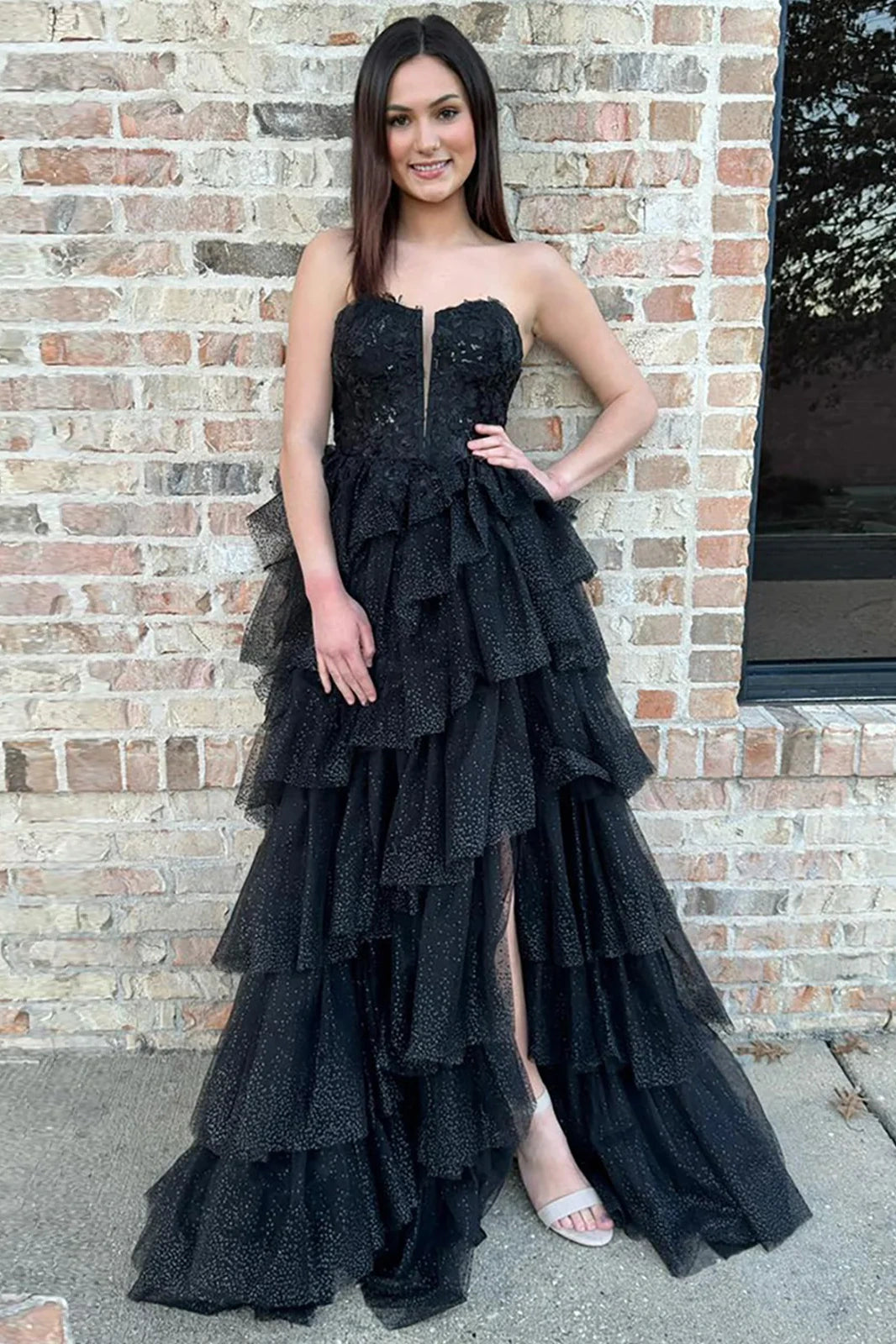 Black Tulle A-Line Tiered Party Prom Dress With Slit