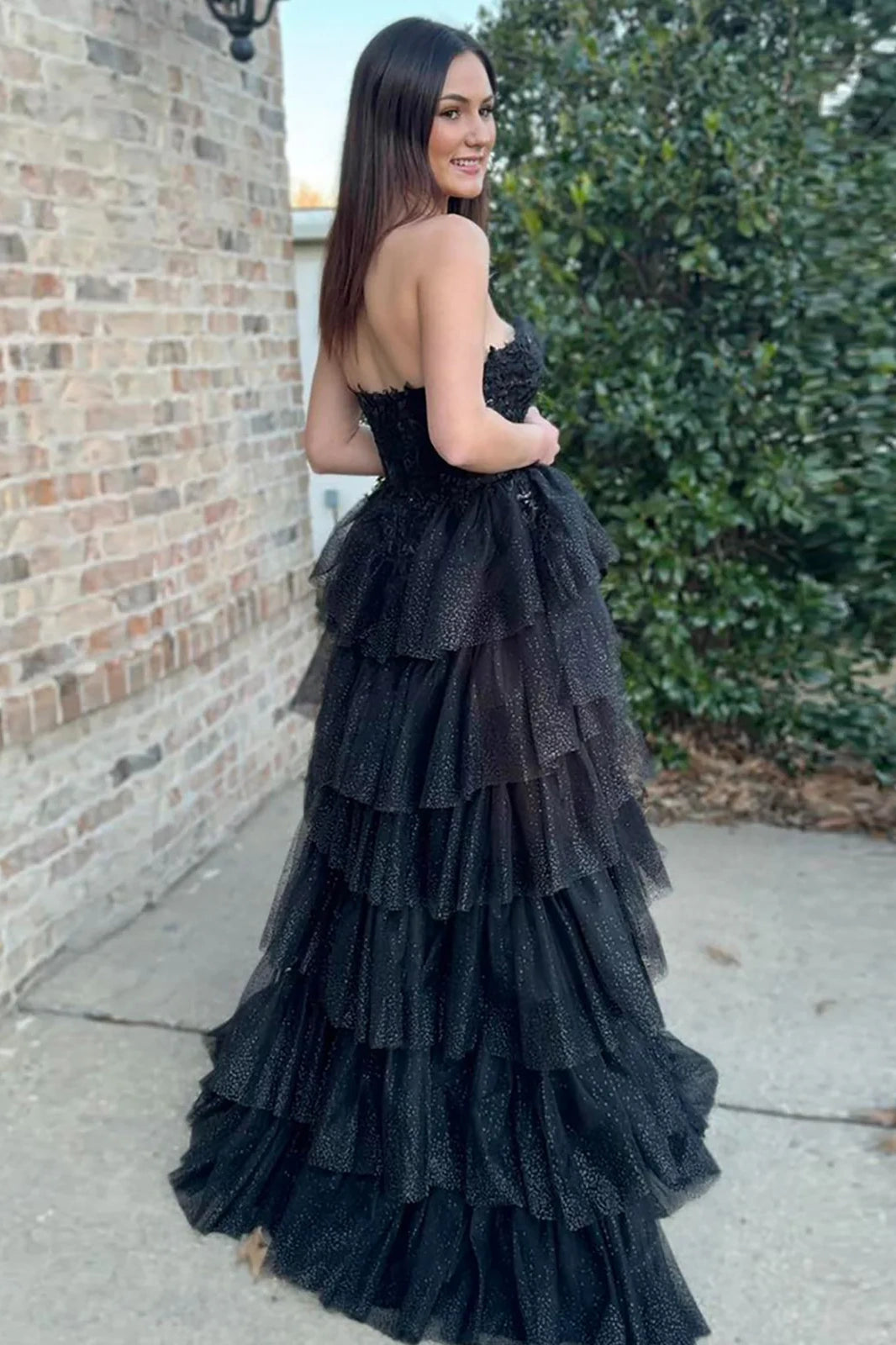 Black Tulle A-Line Tiered Party Prom Dress With Slit