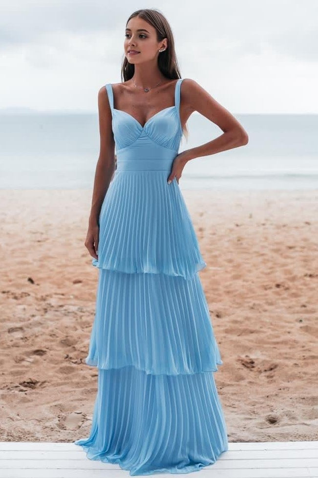 Blue A-Line Tiered Sweetheart Party Prom Dress