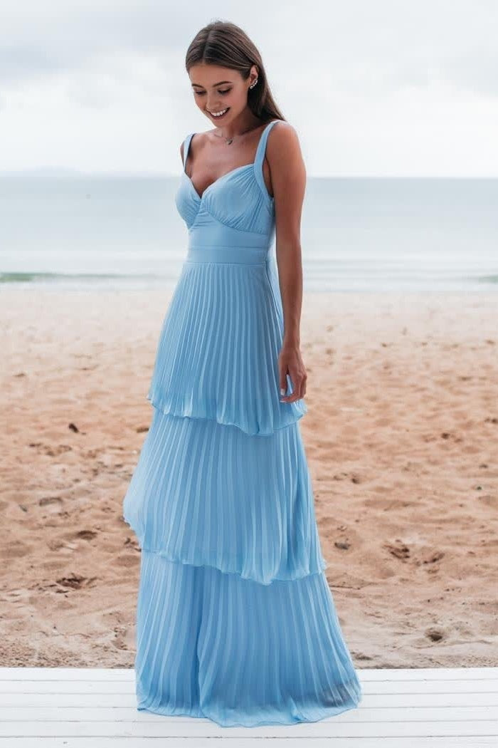 Blue A-Line Tiered Sweetheart Party Prom Dress