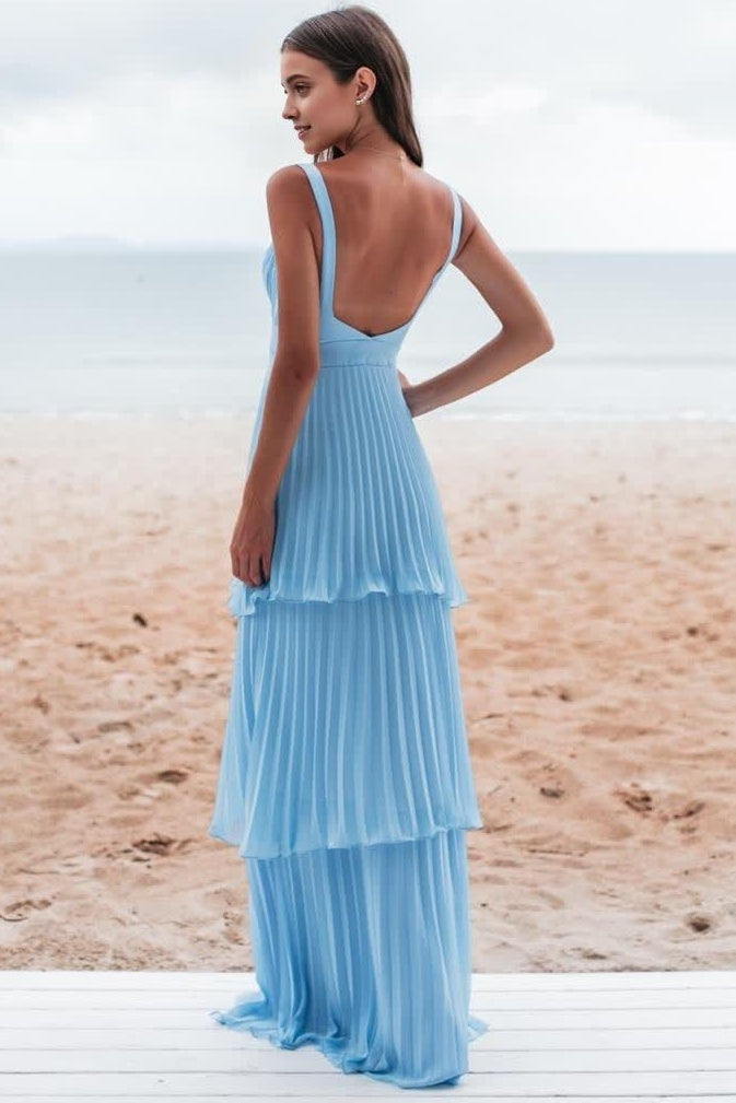 Blue A-Line Tiered Sweetheart Party Prom Dress