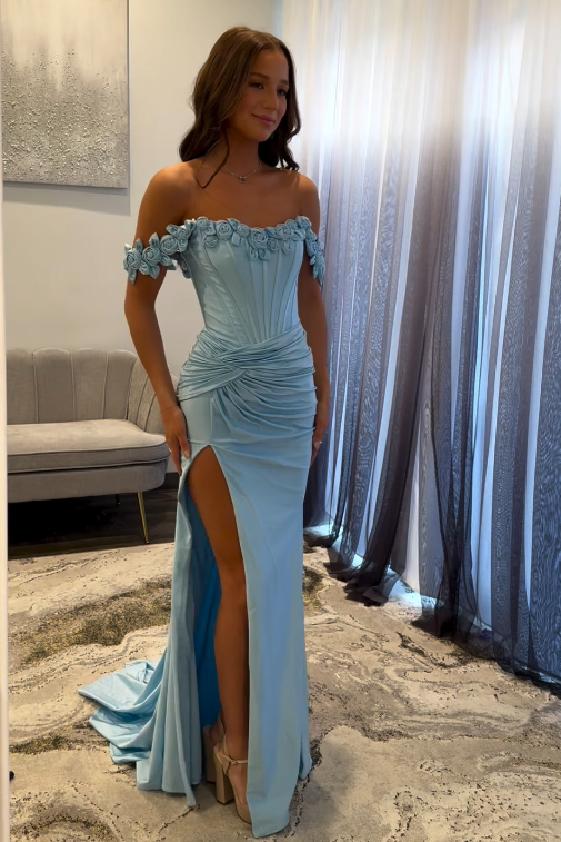 Blue Rucued Empire Floral Off-Shoulder Mermaid Party Prom Dress
