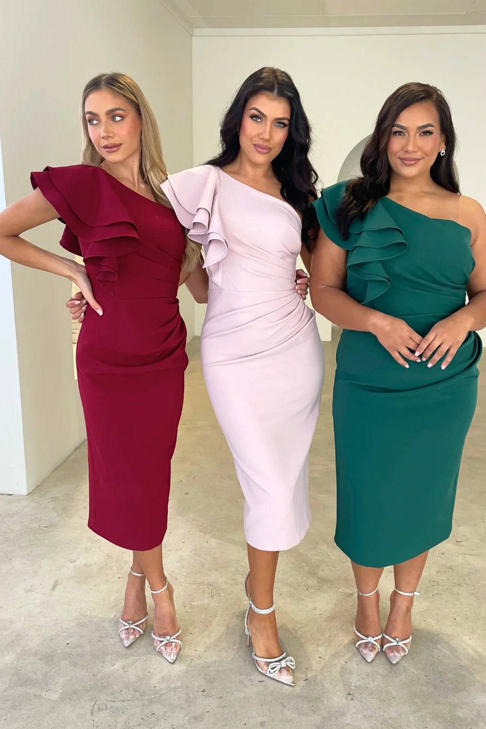 Bodycon One Shoulder Ruffled Tea-Length Bridesmaid Dress