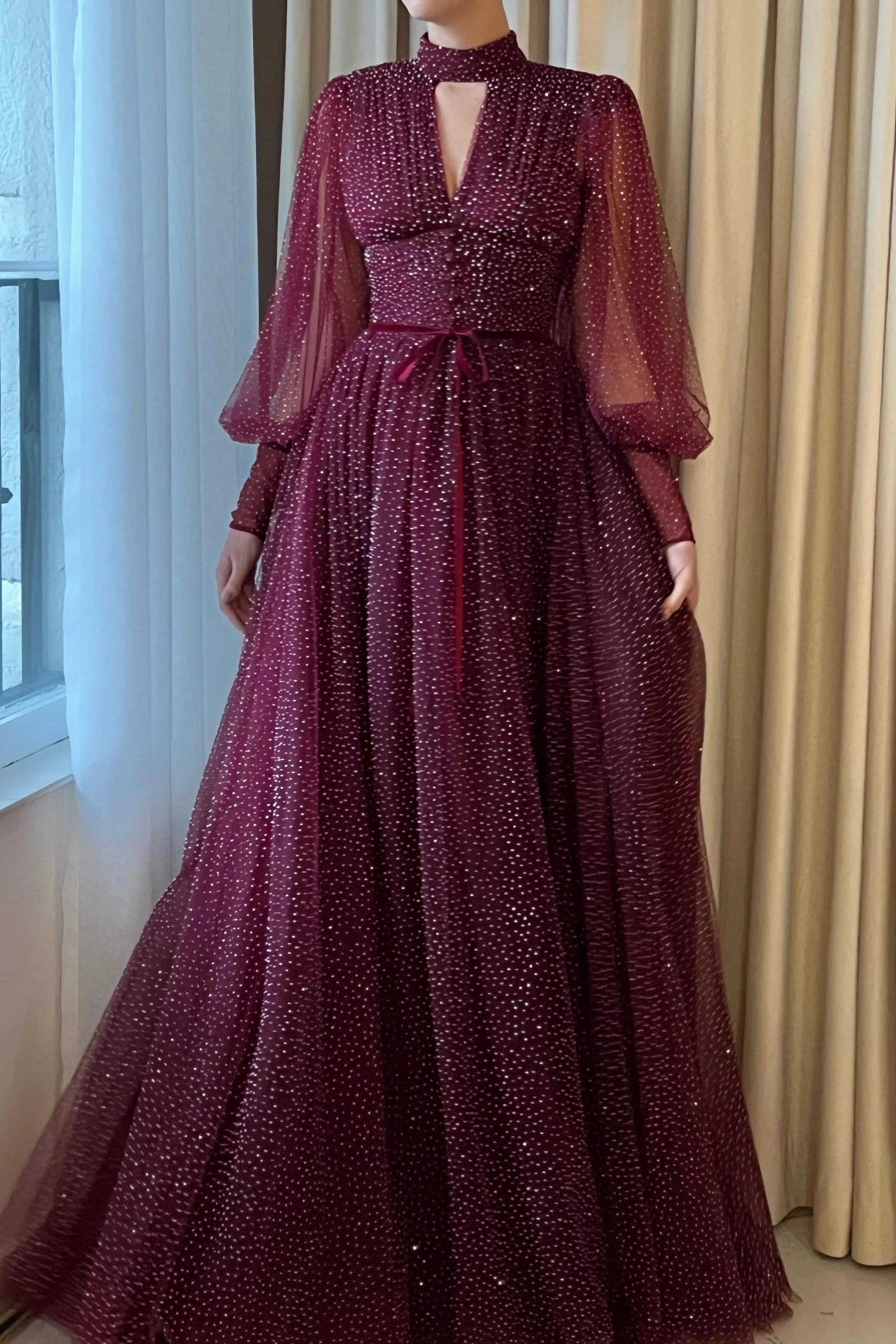 strapless open back dress A-Line Puff Sleeves Satin Burgundy Prom Dress, Burgundy Long Formal Dr –  dresstby main image 0