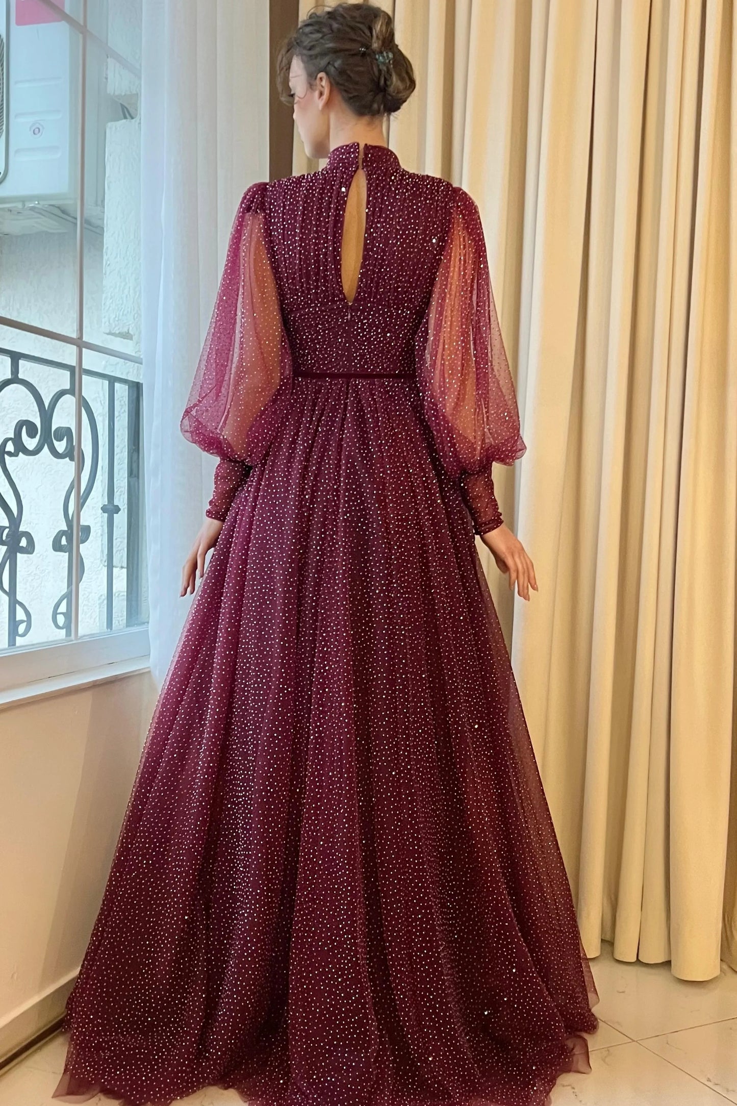 Burgundy High Neck Long Sleeves Tulle A-Line Prom Dress