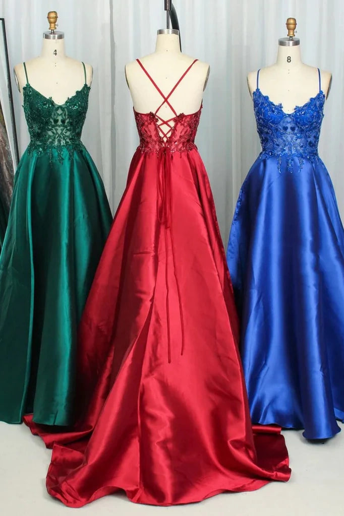 Casual Satin A-Line V-Neck Sleeveless Appliques Party Prom Dress