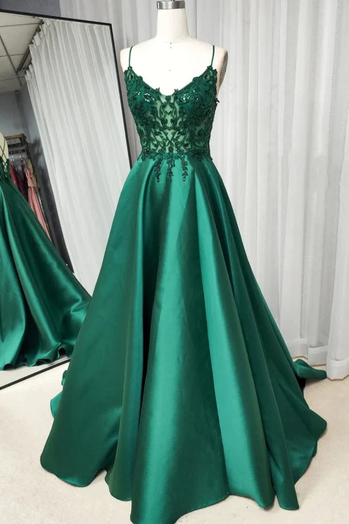 Casual Satin A-Line V-Neck Sleeveless Appliques Party Prom Dress