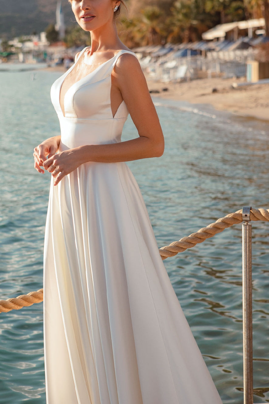 Casual Satin A-Line V-Neck Sleeveless With Train Wedding Dress